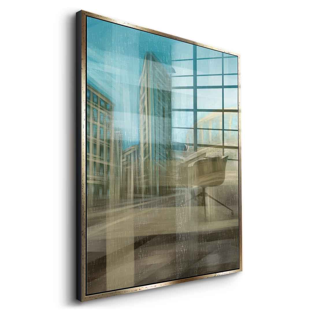 City in the Embrace of Golden Mist Acrylglasbild Seitenansicht silberner Rahmen