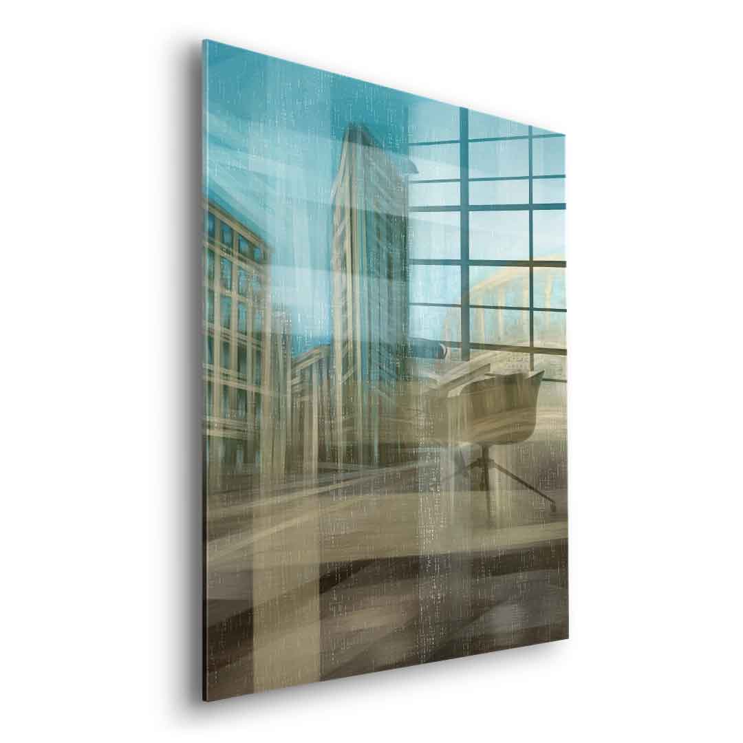City in the Embrace of Golden Mist Acrylglasbild Seitenansicht ohne Rahmen