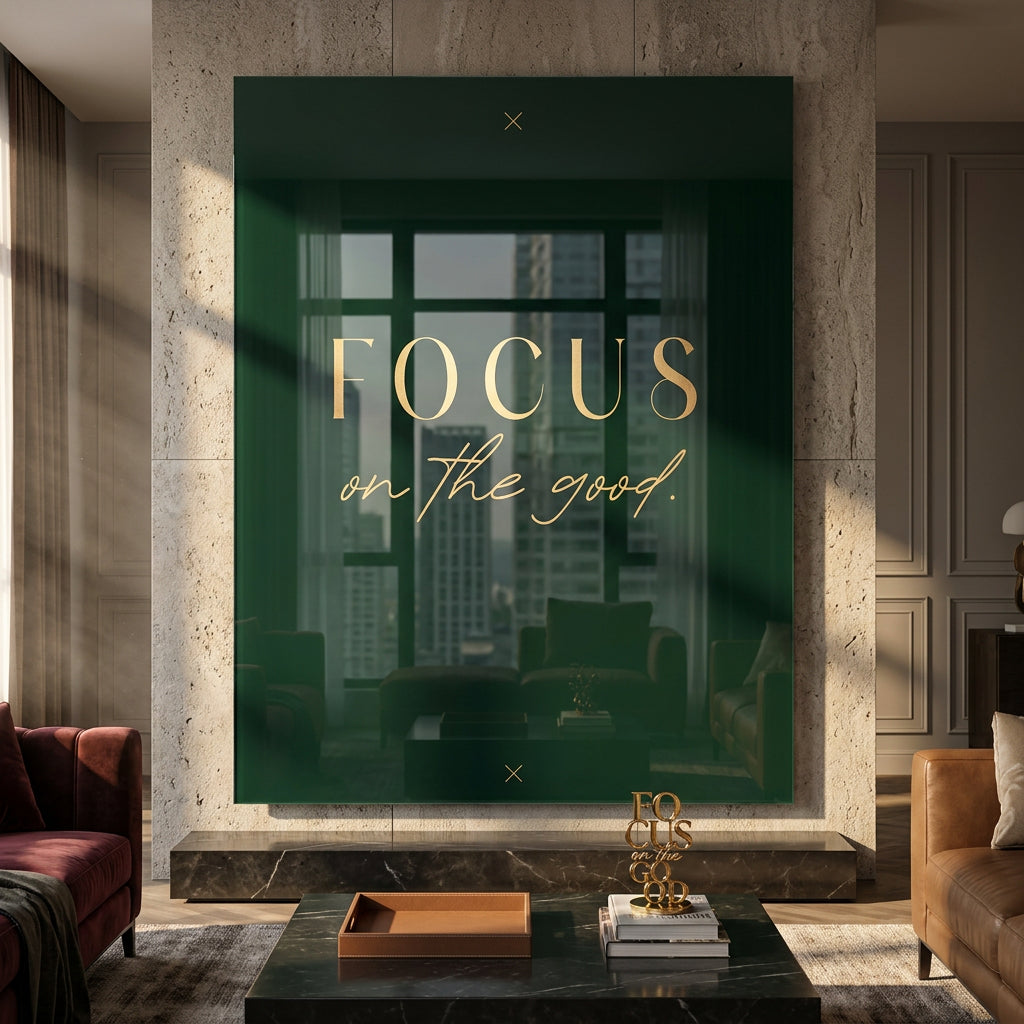 DOTCOMCANVAS FOCUS Acrylglasbild – Raum-Mockup im Wohnzimmer, motivierendes Typografie-Wandbild