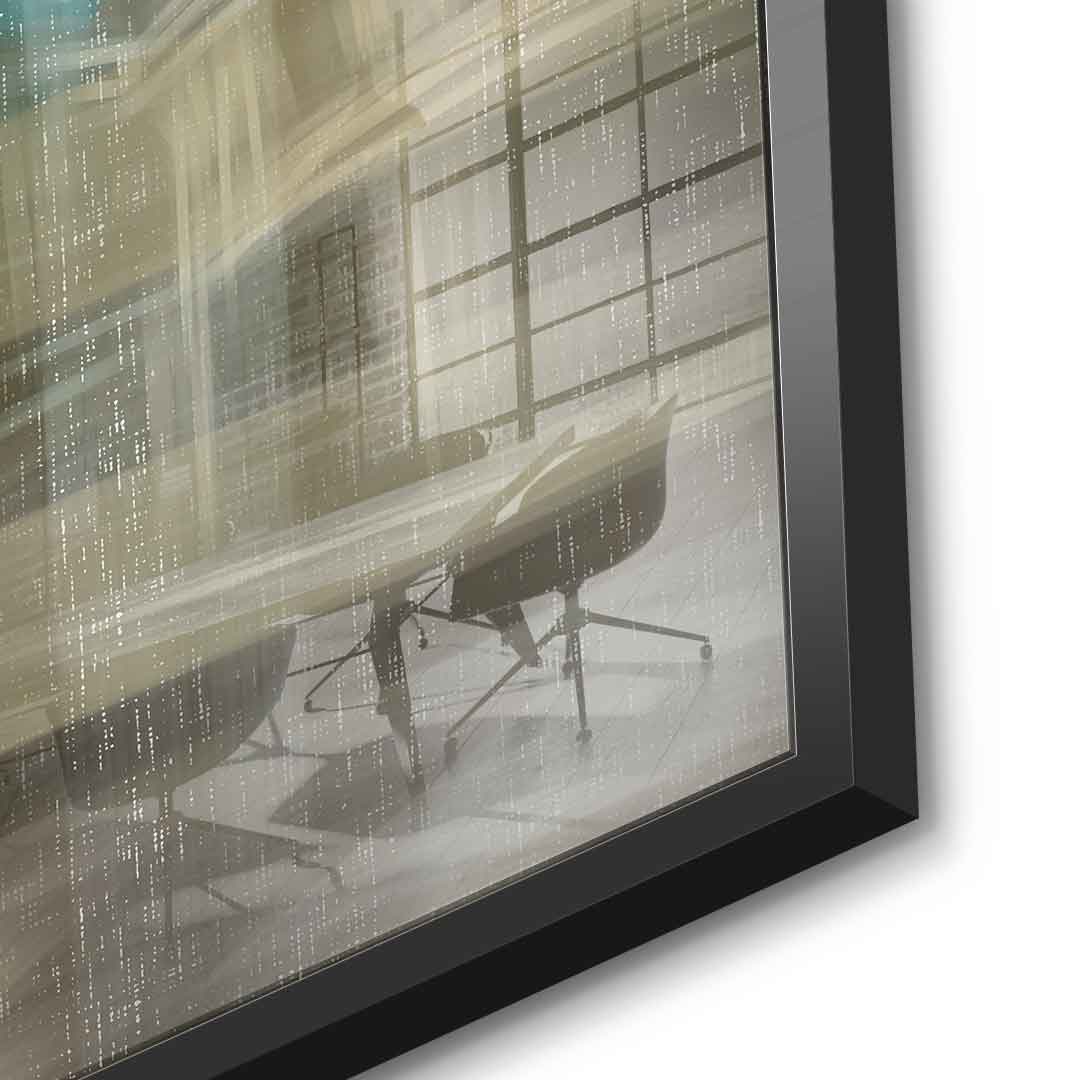 City in the Embrace of Golden Mist Acrylglasbild Detail schwarzer Rahmen