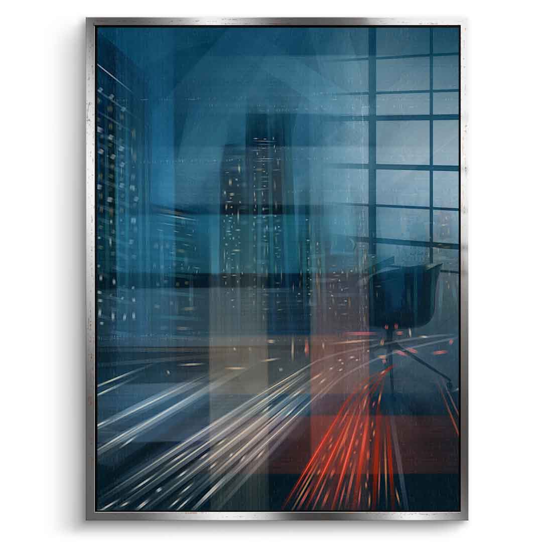 Night City with Speed - Acrylglasbild Silberner Rahmen