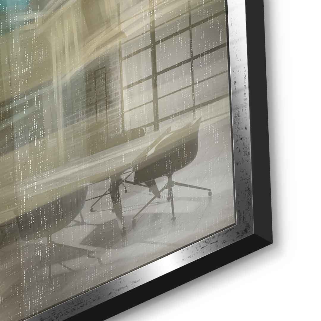 City in the Embrace of Golden Mist Acrylglasbild Detail silberner Rahmen