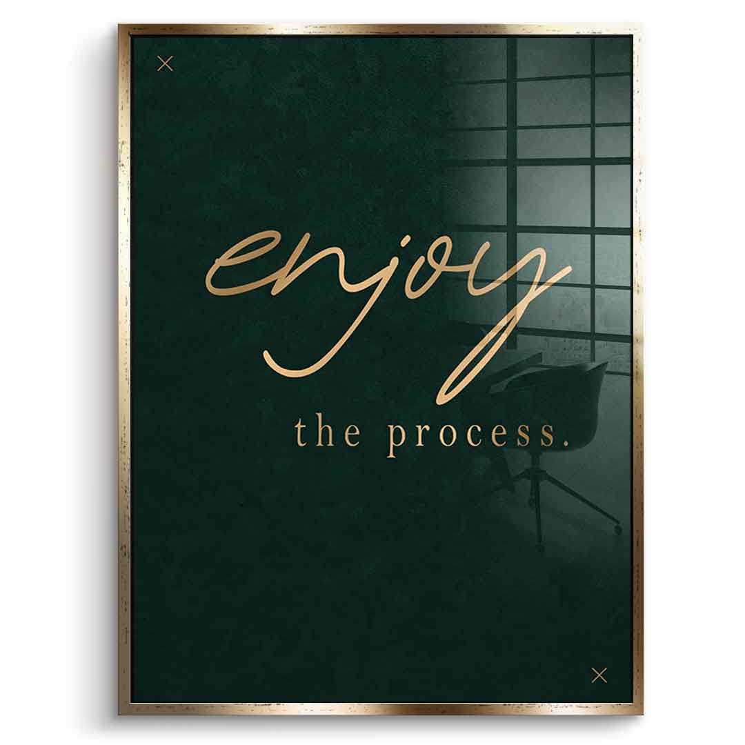DOTCOMCANVAS® Enjoy Acrylglasbild – Frontansicht mit goldenem Rahmen