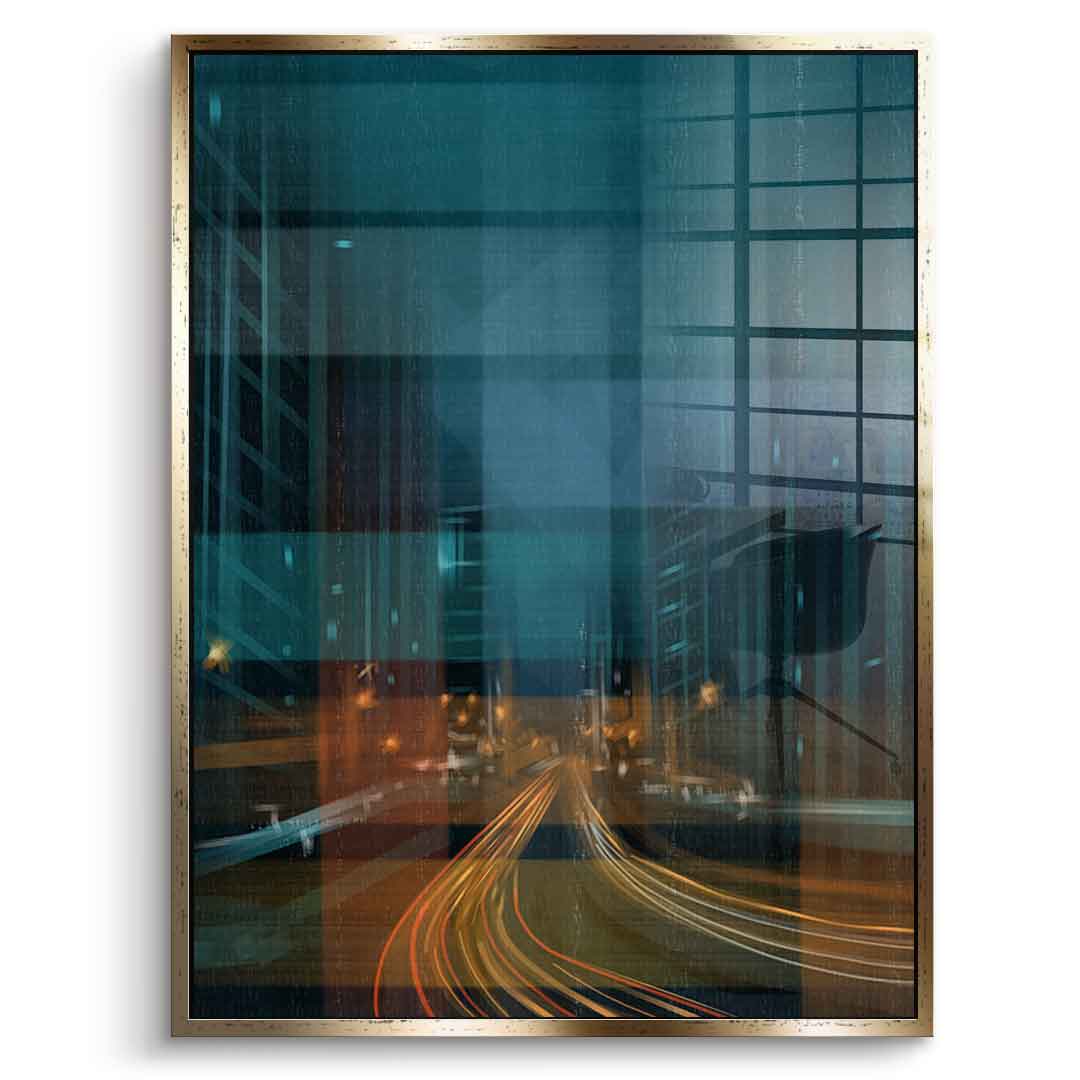 City in the Rhythm of Light Acrylglasbild Vorderansicht goldener Rahmen