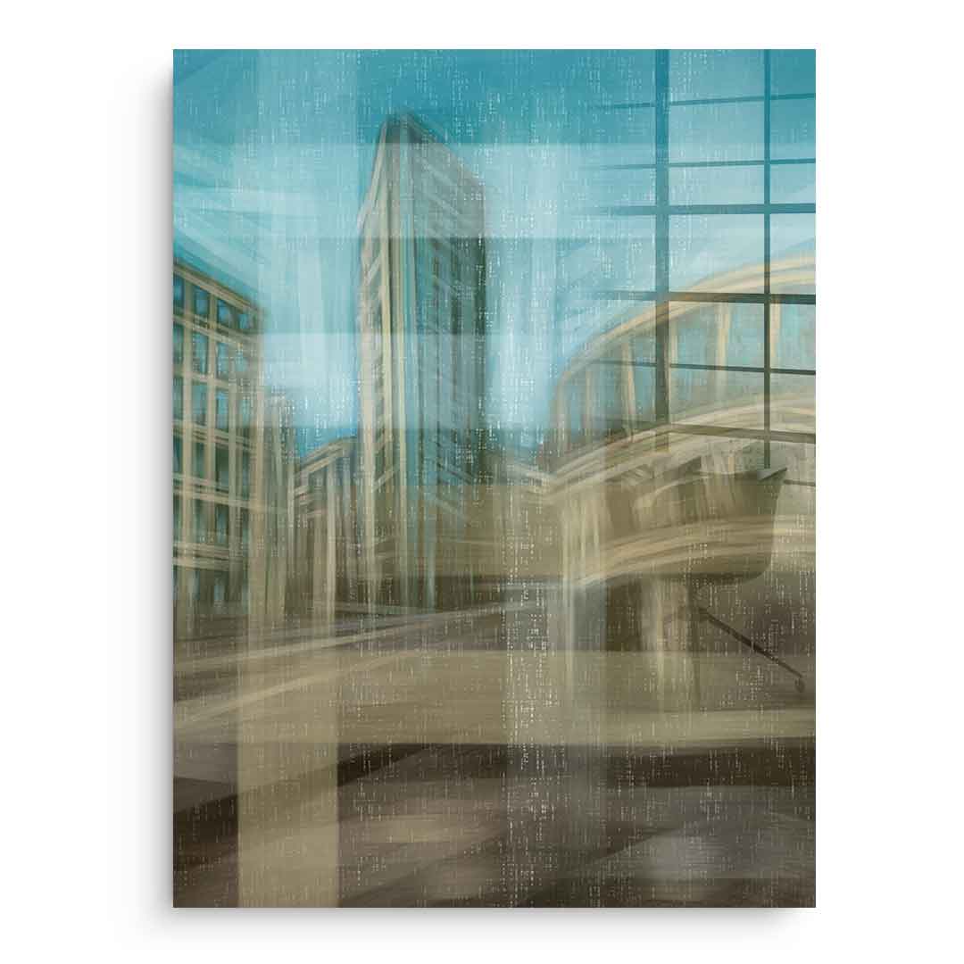 City in the Embrace of Golden Mist Acrylglasbild Vorderansicht ohne Rahmen