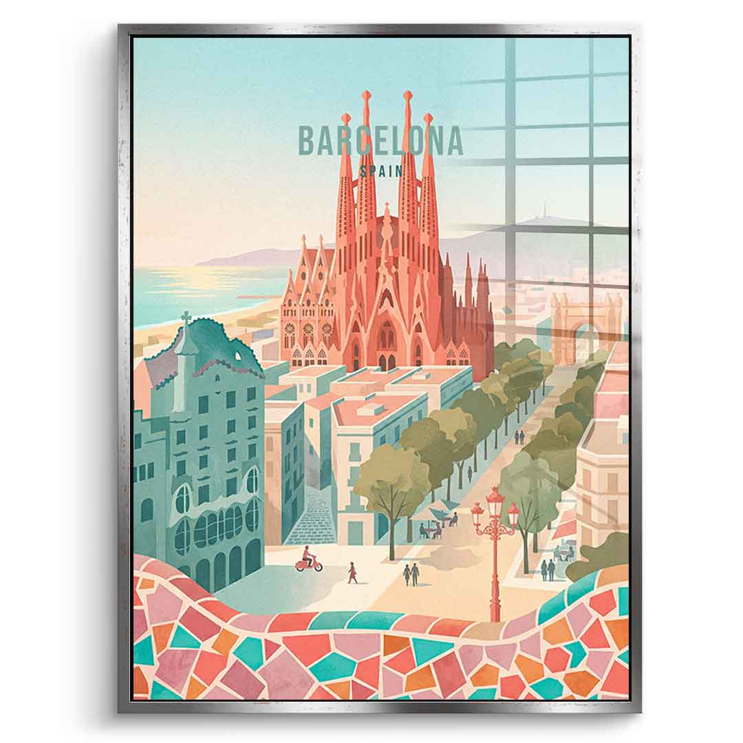 DOTCOMCANVAS Barcelona Acrylglasbild Vorderansicht mit silbernem Rahmen
