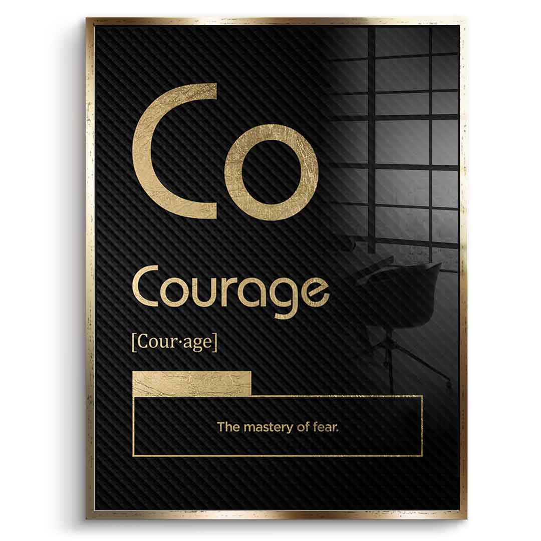 DOTCOMCANVAS® Courage (Co) Acrylglasbild Version Schwarz – Vorderansicht Goldener Rahmen