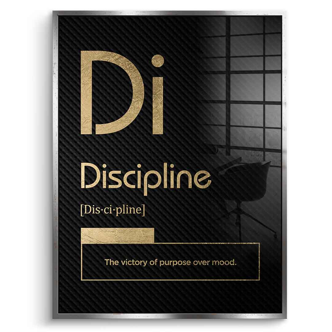 DOTCOMCANVAS® Discipline (Di) Acrylglasbild Version Schwarz – Vorderansicht Weißer Rahmen
