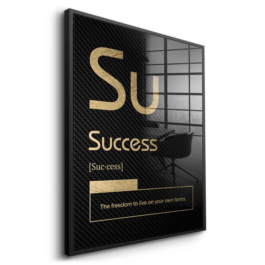 DOTCOMCANVAS® Success (Su) Acrylglasbild Version Schwarz – Vorderansicht Goldener Rahmen
