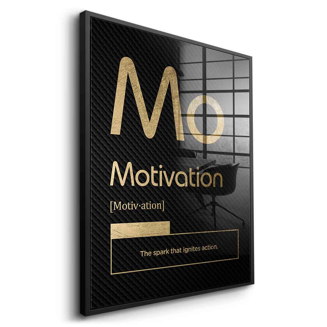 DOTCOMCANVAS® Motivation (Mo) Acrylglasbild Version Schwarz – Vorderansicht Goldener Rahmen