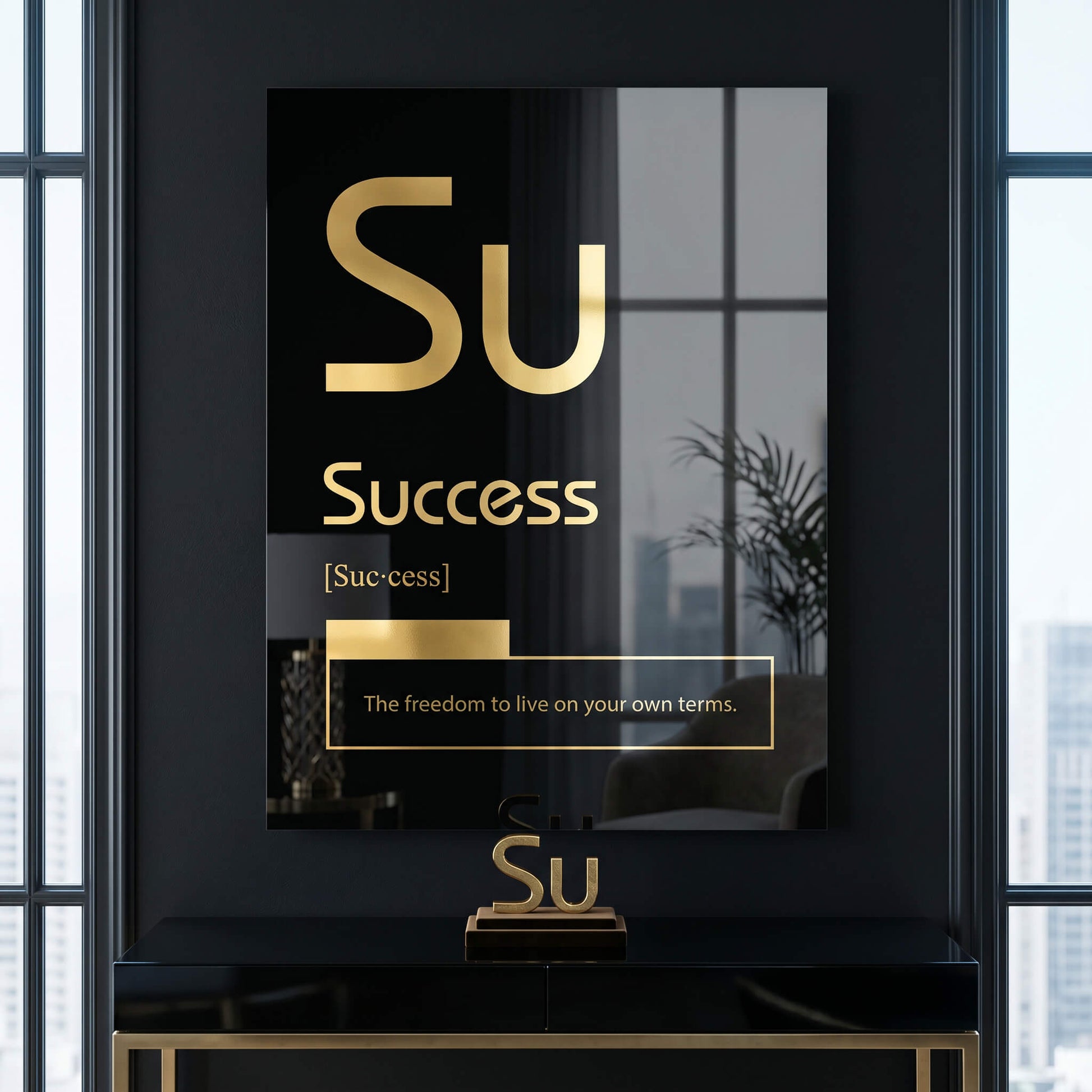 DOTCOMCANVAS® Success (Su) Acrylglasbild Version Schwarz – Raum-Mockup