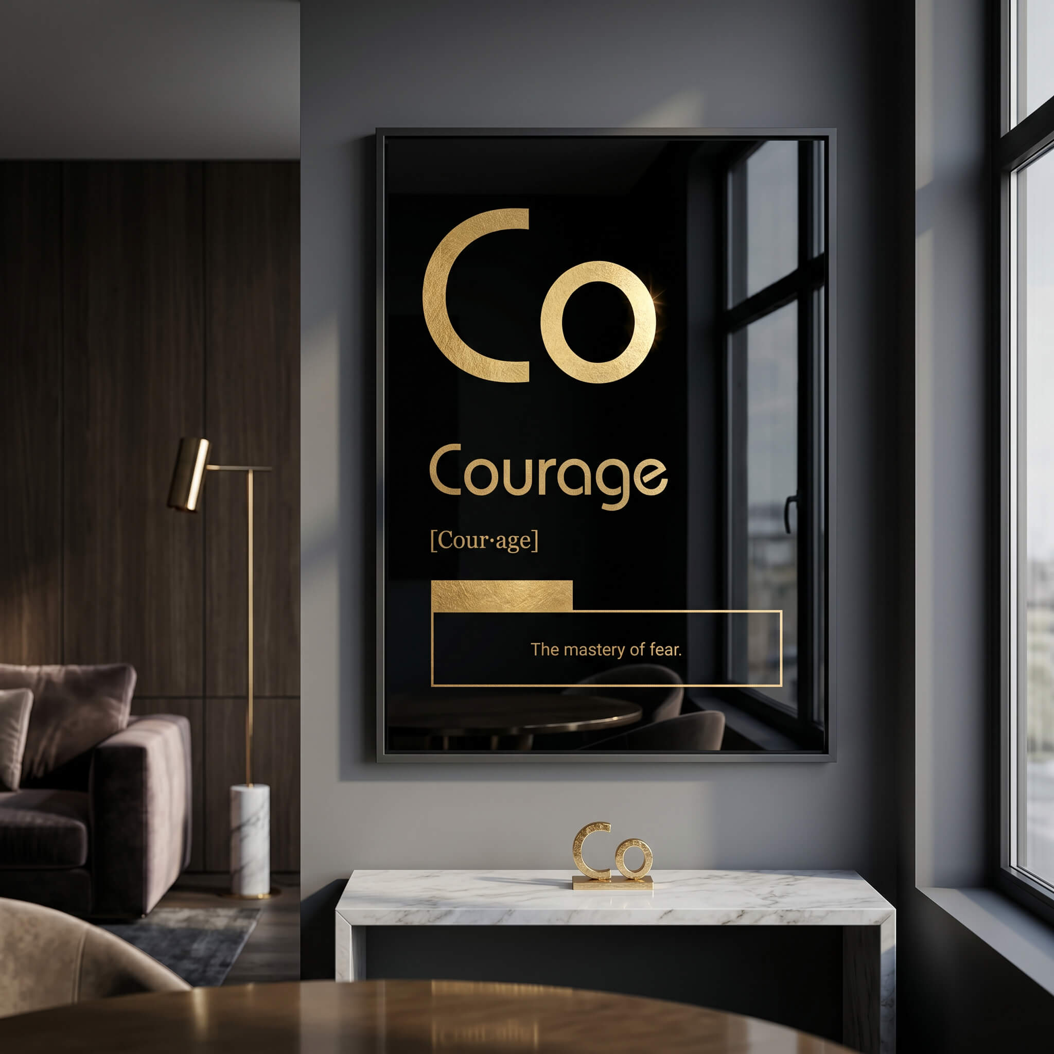 DOTCOMCANVAS® Courage (Co) Acrylglasbild Version Schwarz – Raum-Mockup