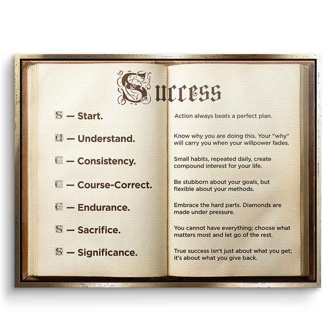 DOTCOMCANVAS® Success book Leinwandbild – Vorderansicht schwarzer Rahmen