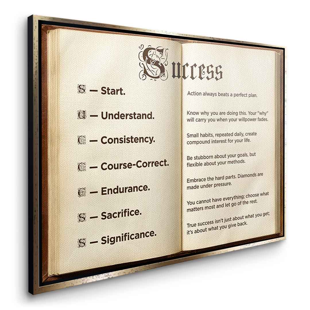 DOTCOMCANVAS® Success book Leinwandbild – Seitenansicht weißer Rahmen