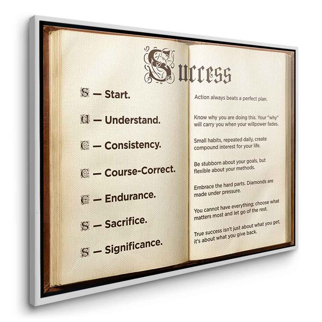 DOTCOMCANVAS® Success book Leinwandbild – Seitenansicht silberner Rahmen