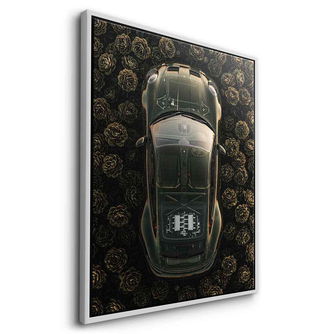 DOTCOMCANVAS® Porsche in flowers Leinwandbild – Seitenansicht silberner Rahmen