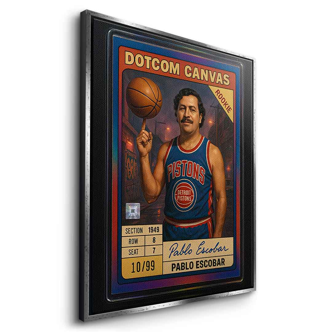 DOTCOMCANVAS Pablo Escobar Basketball Card Leinwandbild Pop Art Schwarz gerahmt Seitenansicht