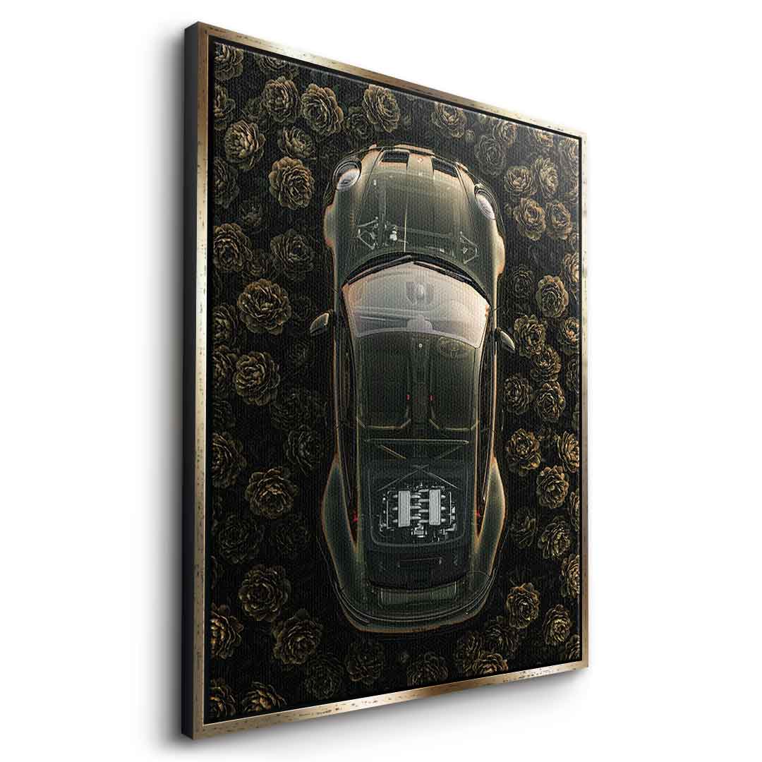 DOTCOMCANVAS® Porsche in flowers Leinwandbild – Seitenansicht goldener Rahmen