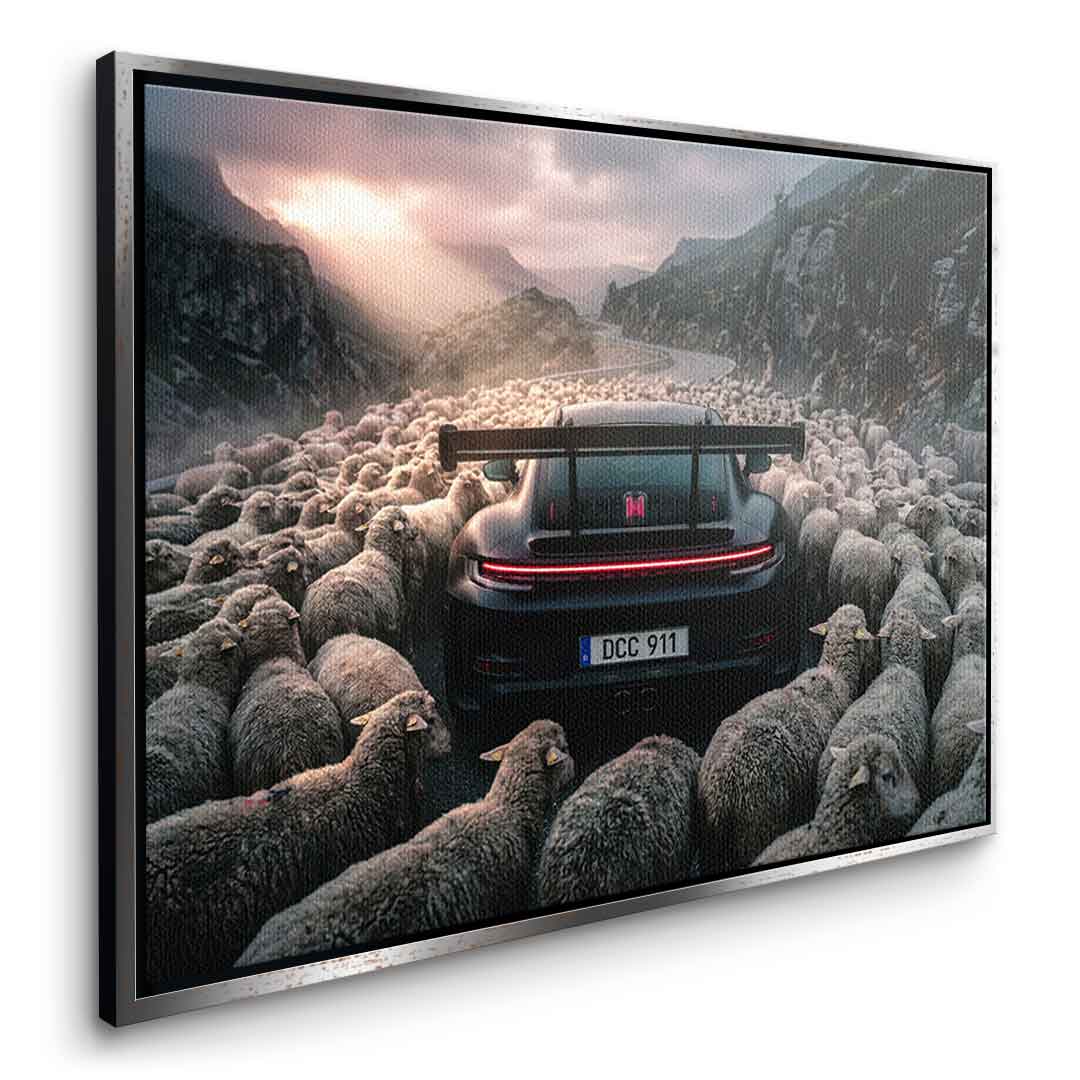 Porshe & Sheeps Leinwandbild Detail Rahmenkante gold