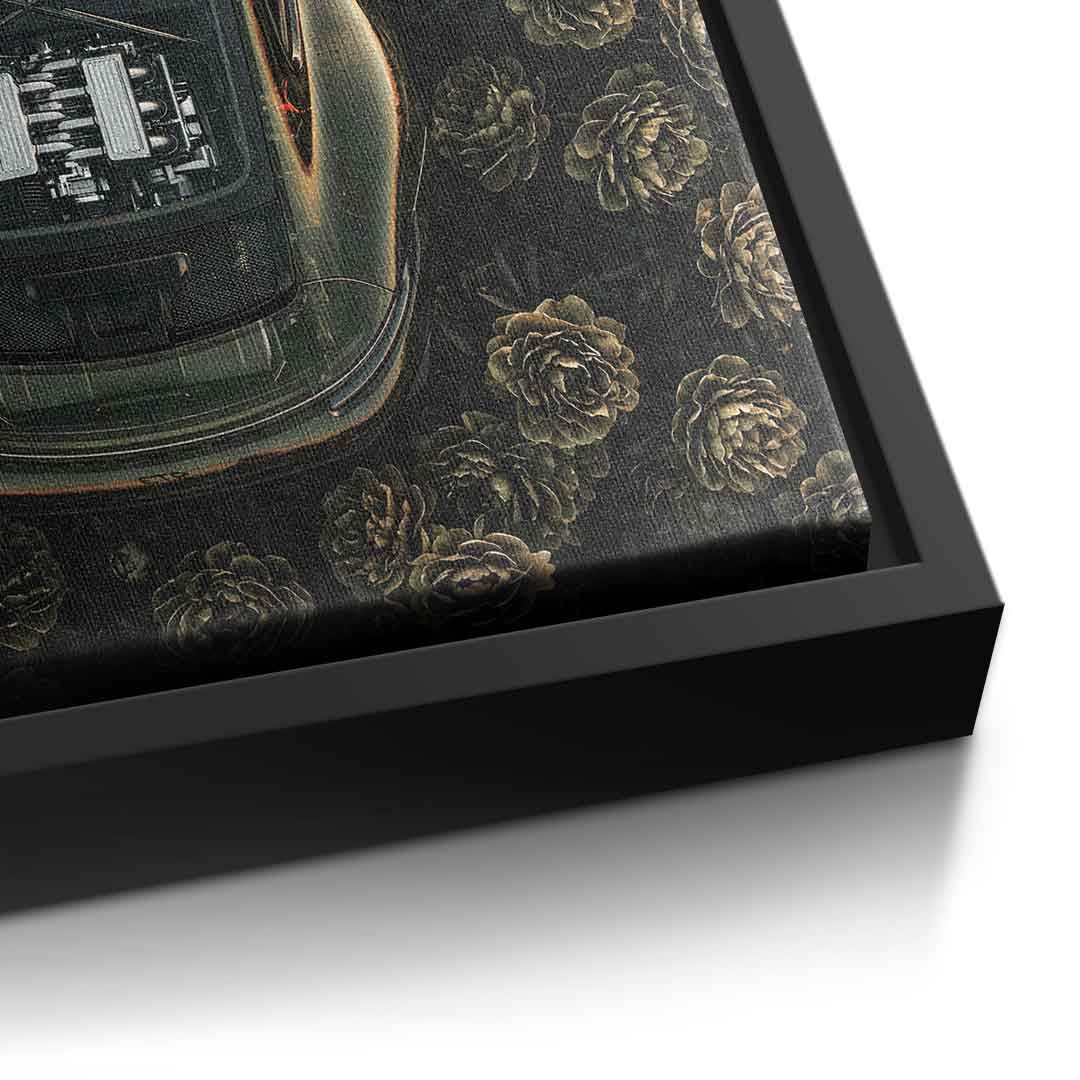 DOTCOMCANVAS® Porsche in flowers Leinwandbild – Detailansicht schwarzer Rahmen