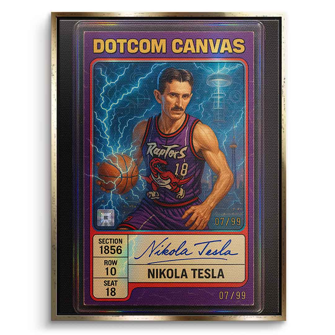 DOTCOMCANVAS Leinwandbild Nikola Tesla Basketball Card Frontansicht mit goldenem Premium Rahmen