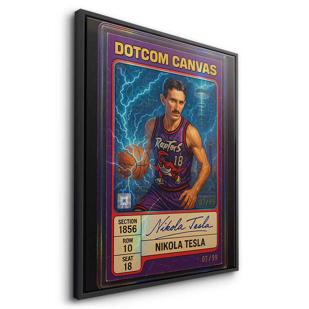 DOTCOMCANVAS Leinwandbild Nikola Tesla Basketball Card Seitenansicht mit schwarzem Rahmen