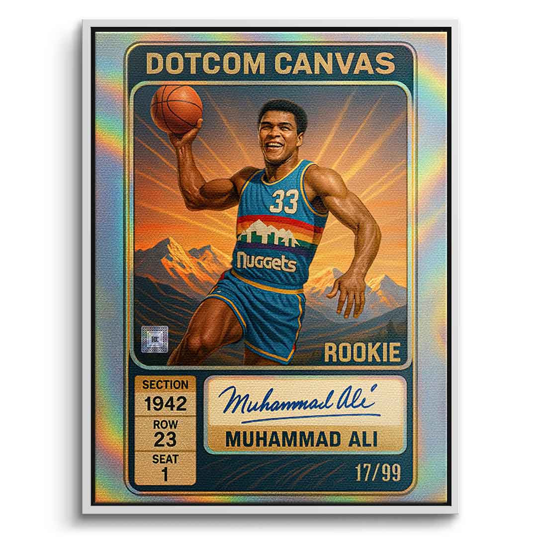 DOTCOMCANVAS Muhammad Ali Basketball Card Leinwandbild Pop Art Weiß gerahmt Frontansicht