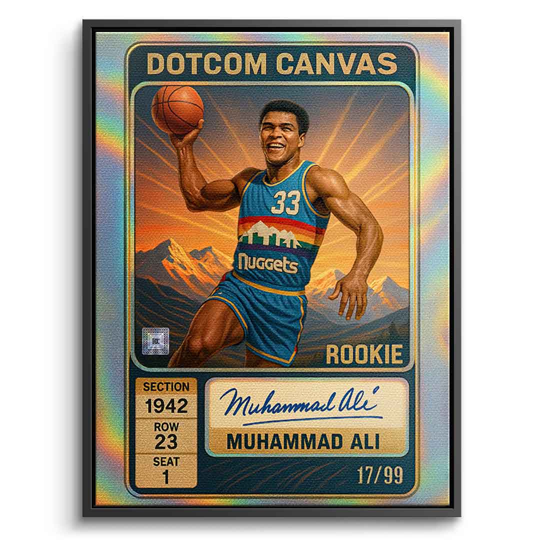 DOTCOMCANVAS Muhammad Ali Basketball Card Leinwandbild Pop Art Schwarz gerahmt Frontansicht