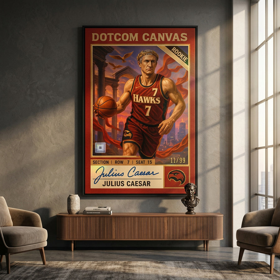 DOTCOMCANVAS Julius Caesar Basketball Card Leinwandbild Pop Art – Wohnzimmer Raumansicht
