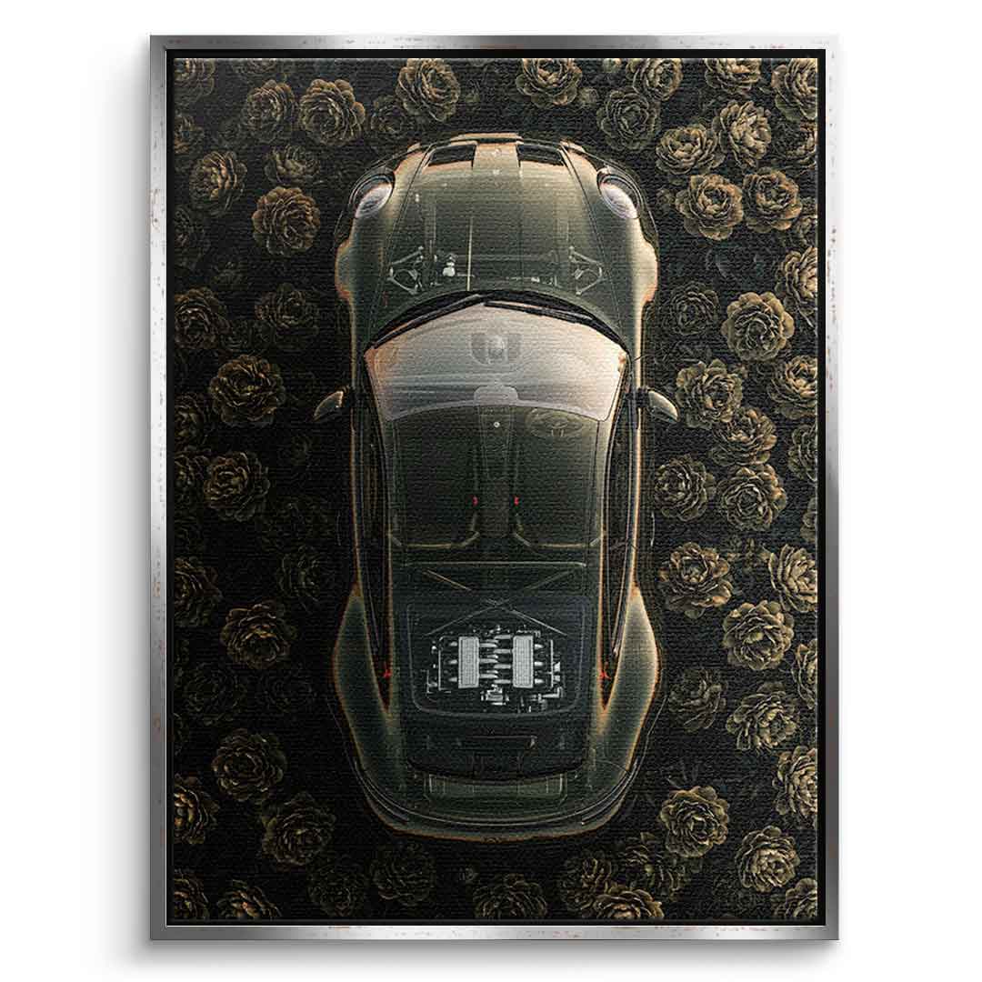 DOTCOMCANVAS® Porsche in flowers Leinwandbild – Vorderansicht schwarzer Rahmen