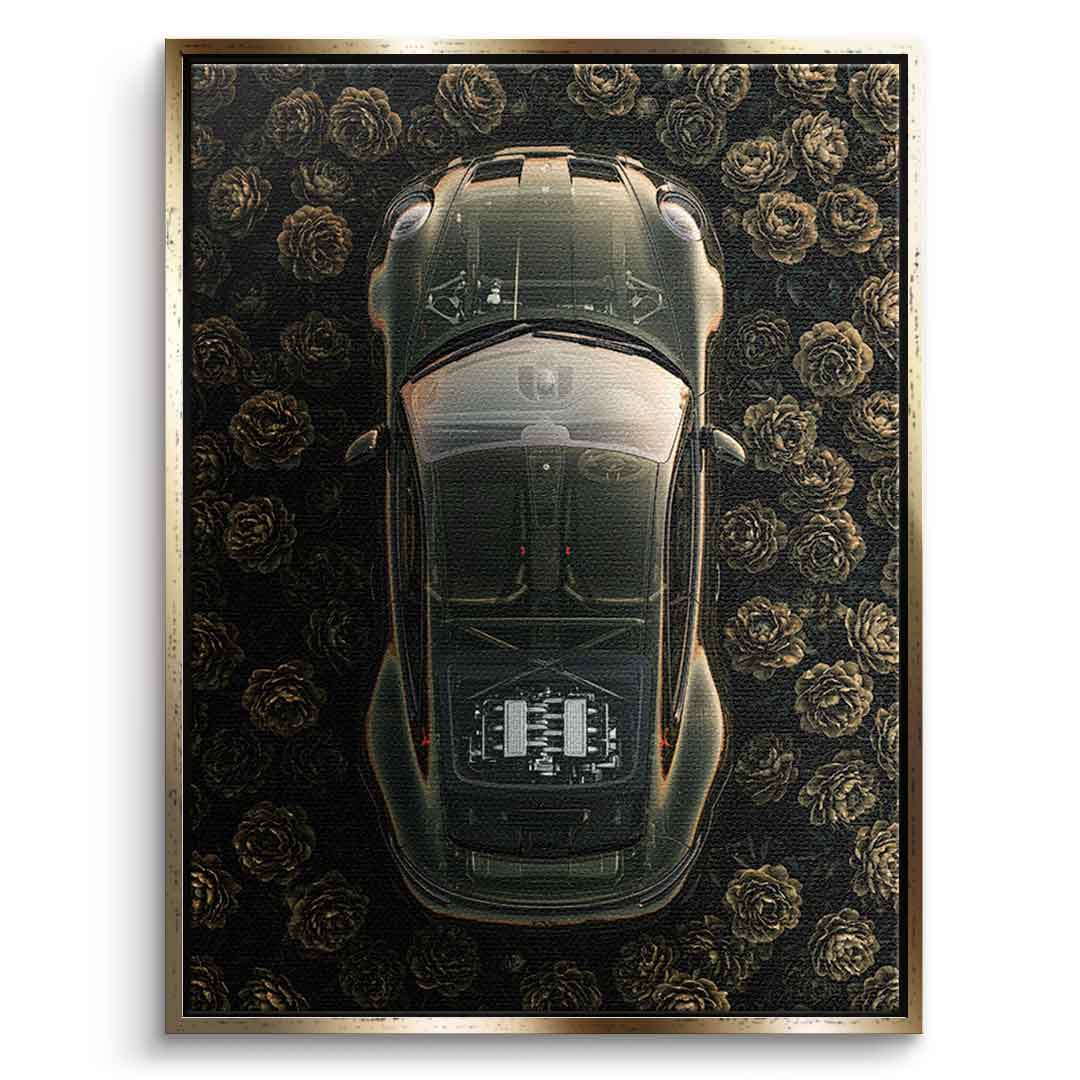 DOTCOMCANVAS® Porsche in flowers Leinwandbild – Vorderansicht goldener Rahmen