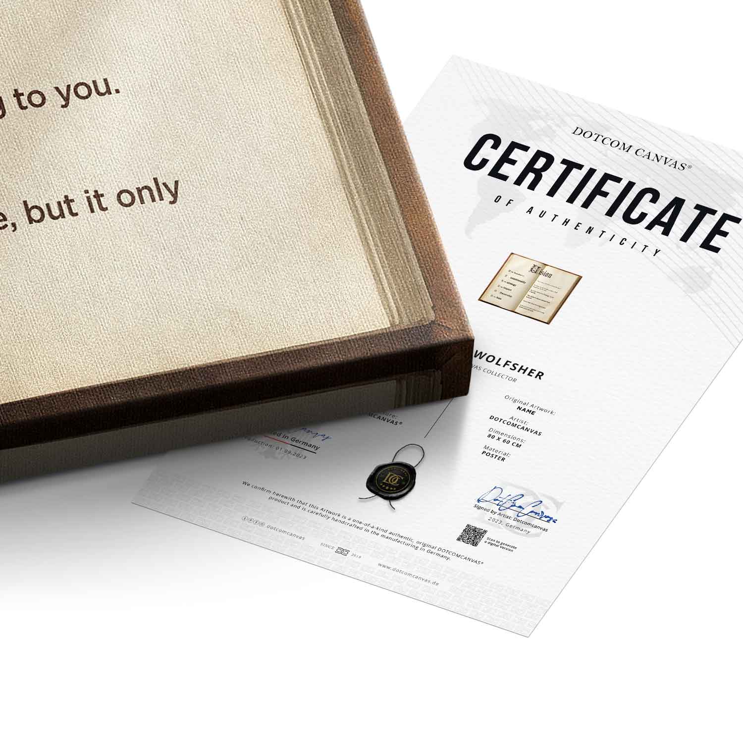 DOTCOMCANVAS® Vision Book Leinwandbild – Echtheitszertifikat