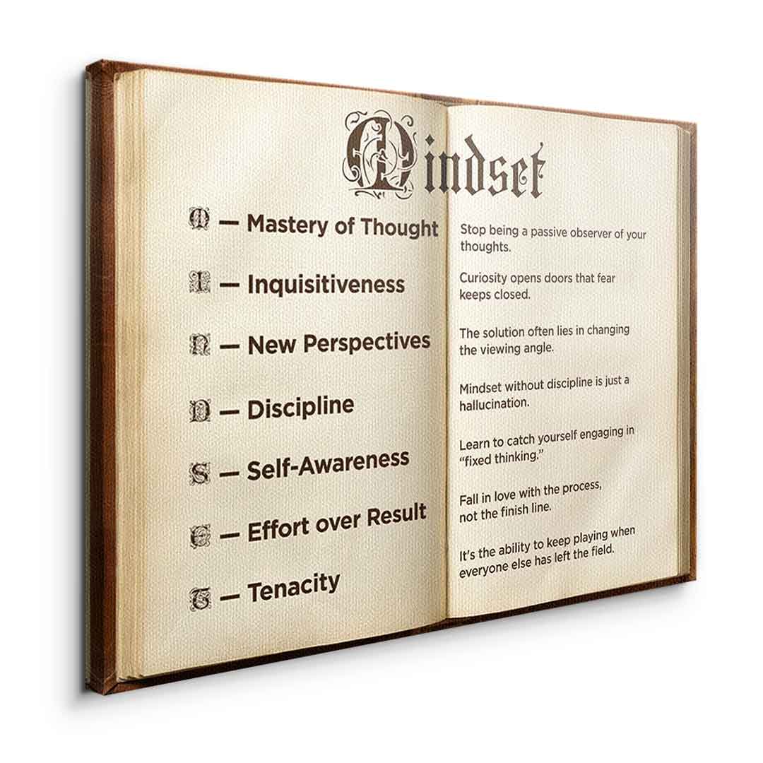 DOTCOMCANVAS® Mindset book Leinwandbild – Seitenansicht ohne Rahmen