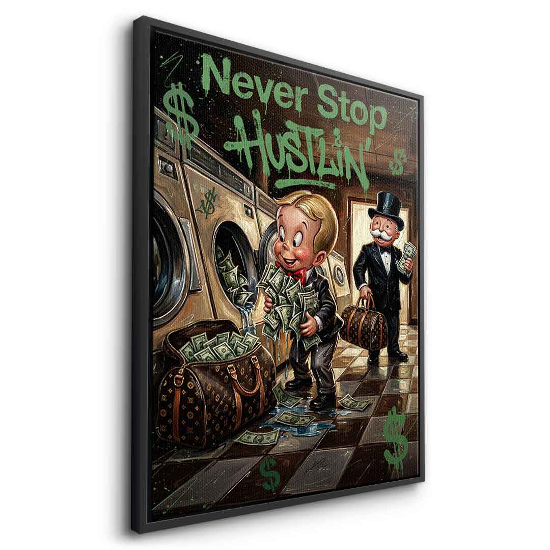 DOTCOMCANVAS® Never Stop Hustlin Leinwandbild – Seitenansicht schwarzer Rahmen