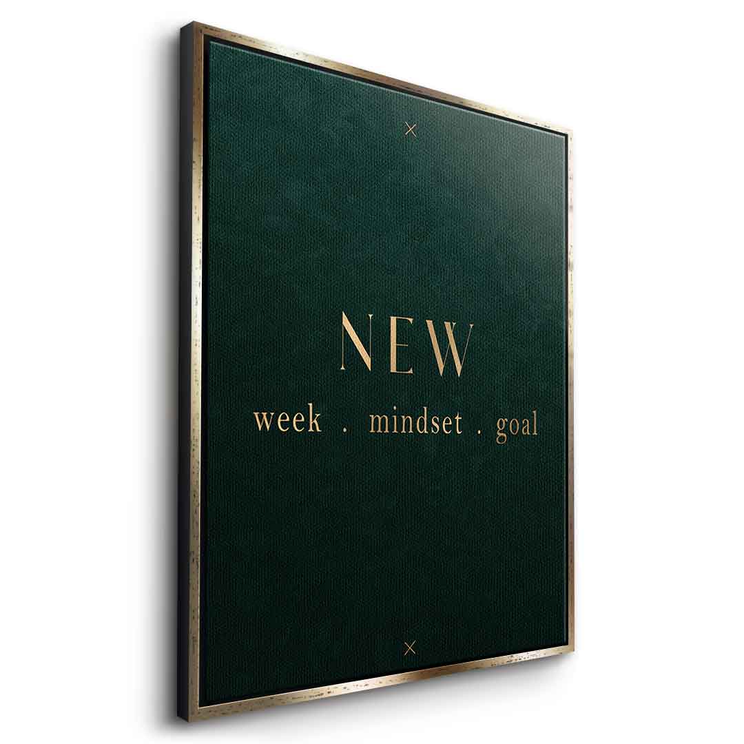 DOTCOMCANVAS NEW week, mindset, goal – motivierendes Typografie-Wandbild, goldene Serifen-Schrift auf dunkelgrünem Hintergrund – Leinwandbild Ansicht 11