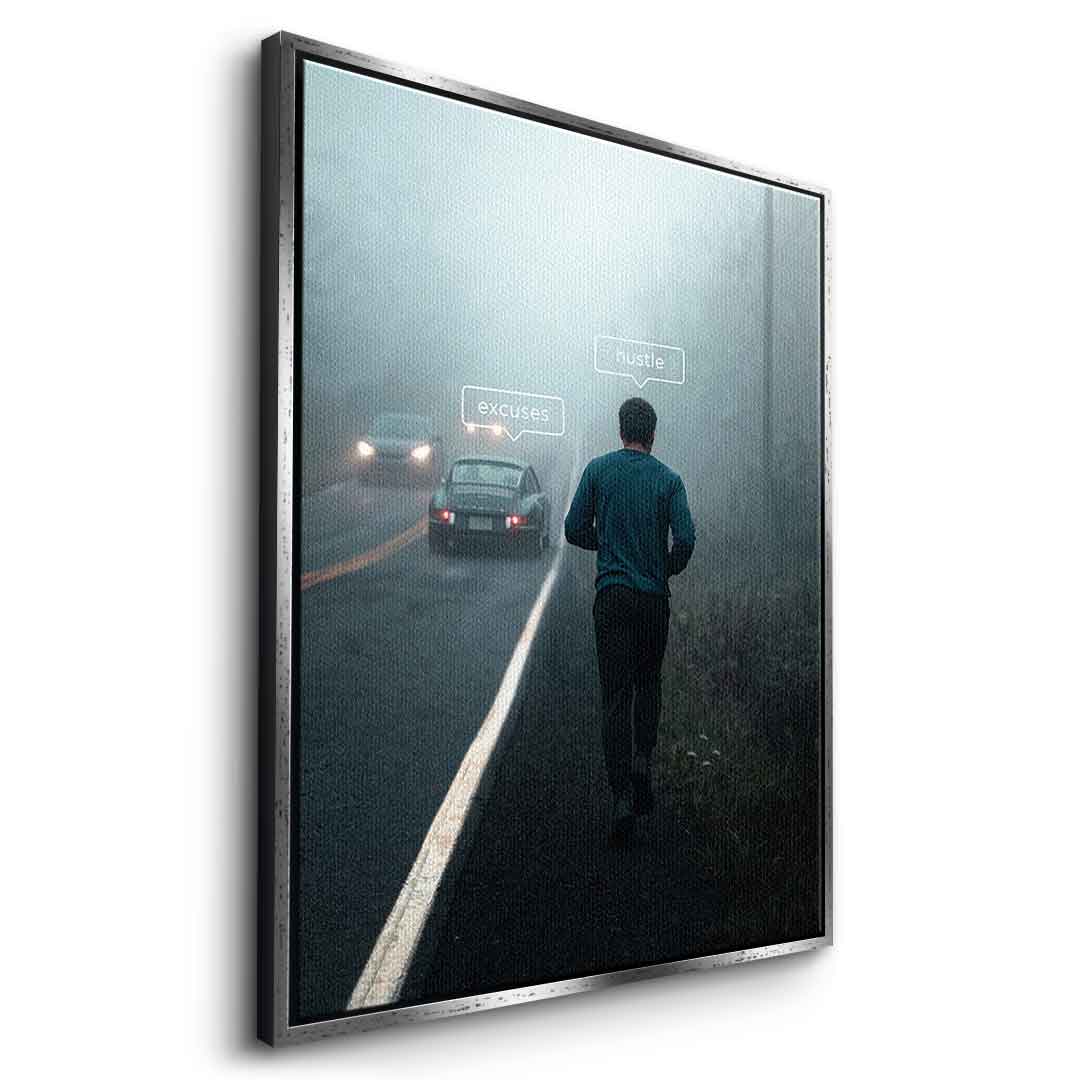 Seitenansicht Leinwandbild Hustle & Excuses mit weißem Rahmen