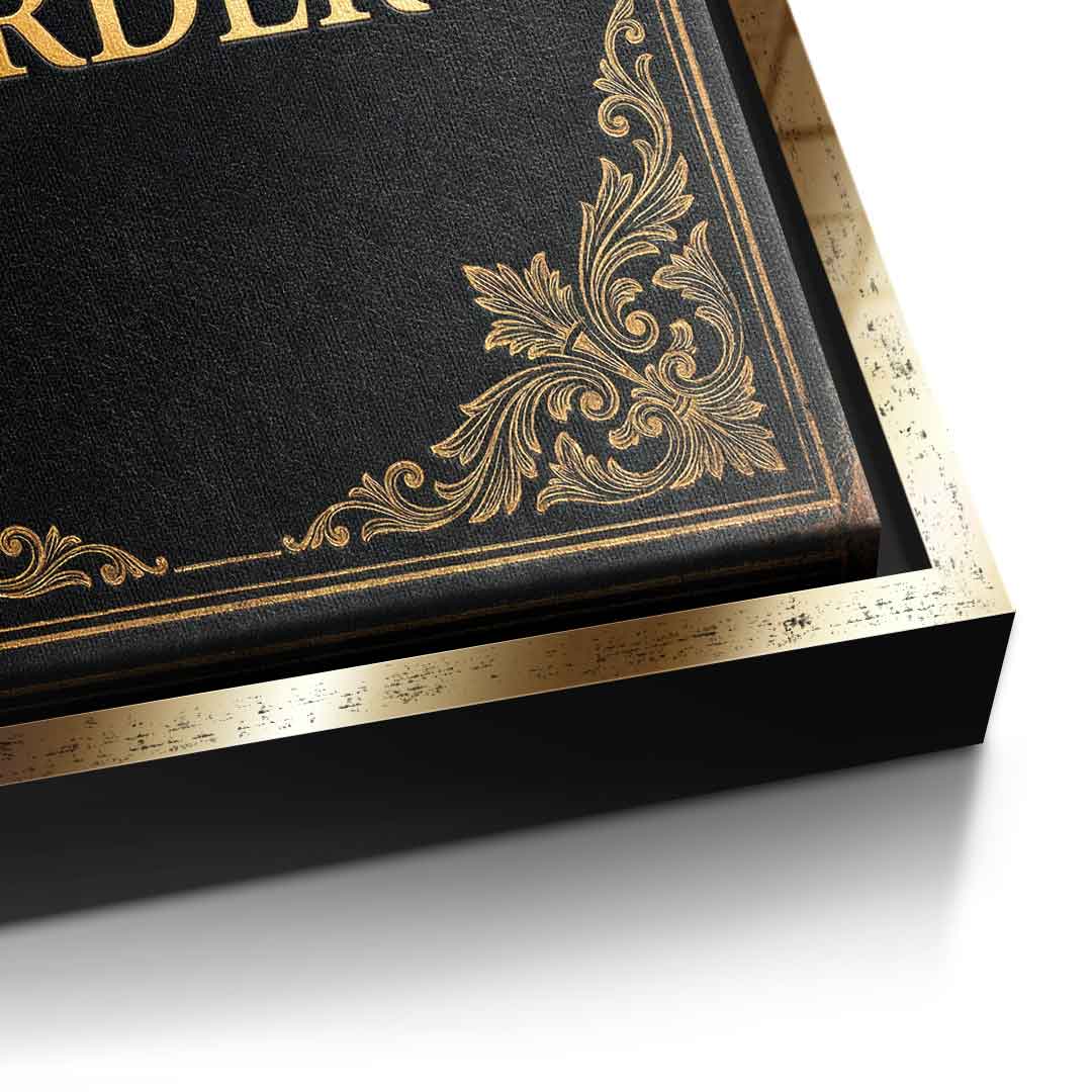 DOTCOMCANVAS® Nobody cares. Work harder Leinwandbild – Detailansicht goldener Rahmen