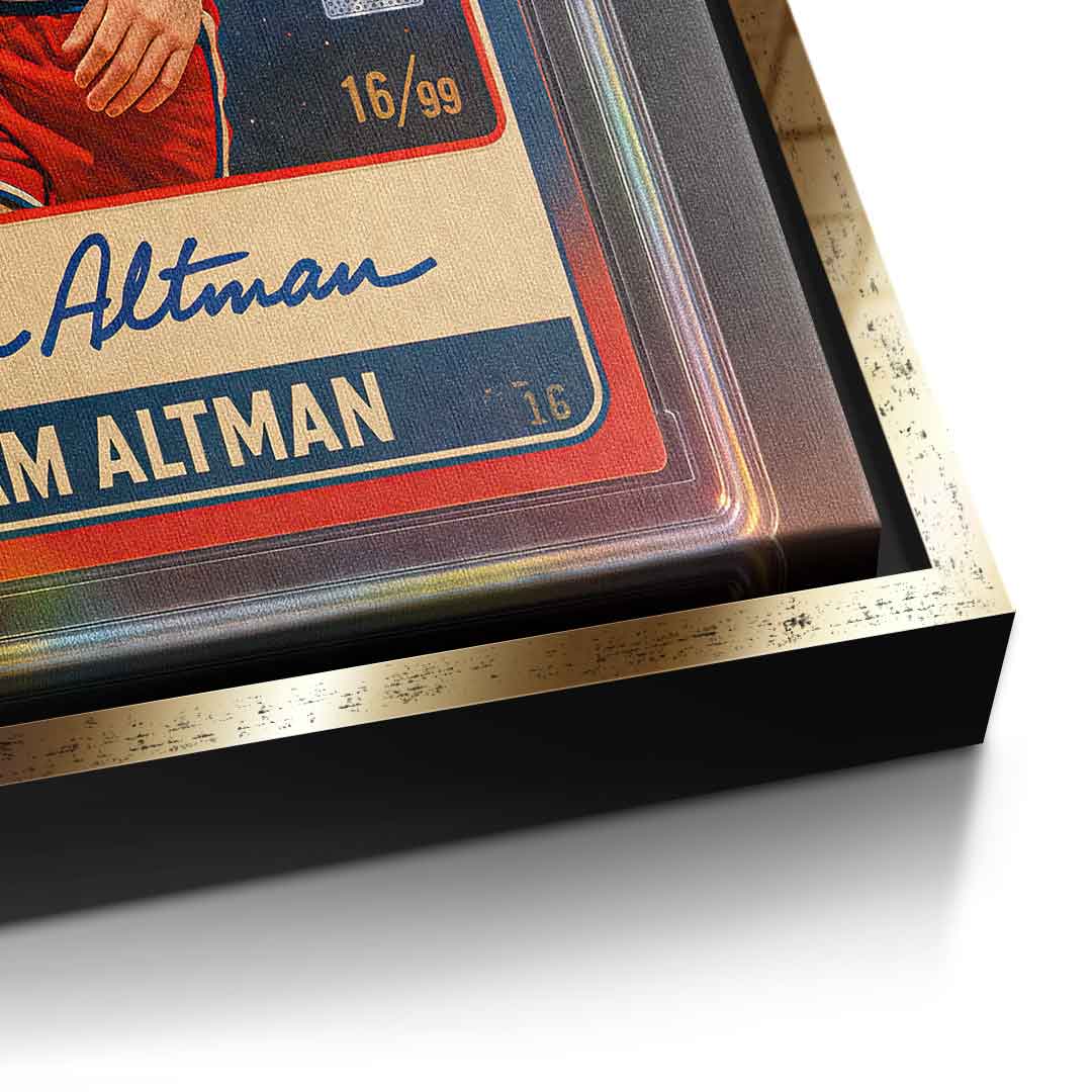 DOTCOMCANVAS Sam Altman Basketball Card Leinwandbild Detailaufnahme mit Gold-Rahmen