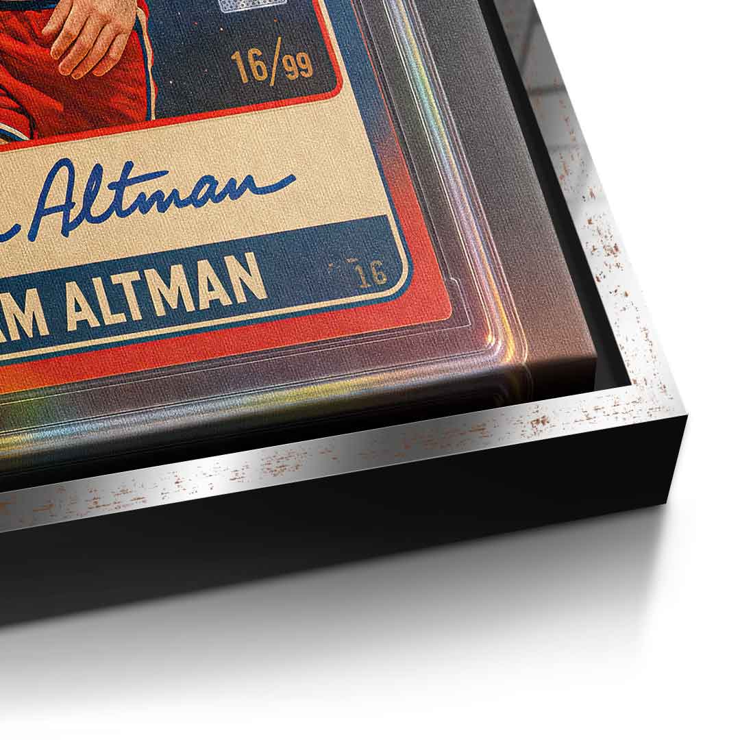 DOTCOMCANVAS Sam Altman Basketball Card Leinwandbild Detailaufnahme mit Silber-Rahmen