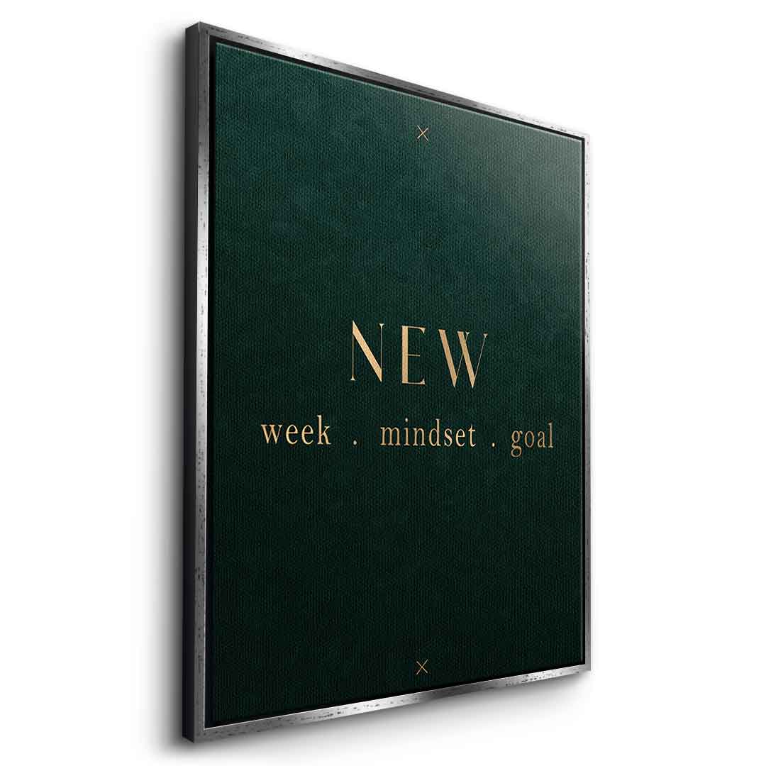 DOTCOMCANVAS NEW week, mindset, goal – motivierendes Typografie-Wandbild, goldene Serifen-Schrift auf dunkelgrünem Hintergrund – Leinwandbild Ansicht 8