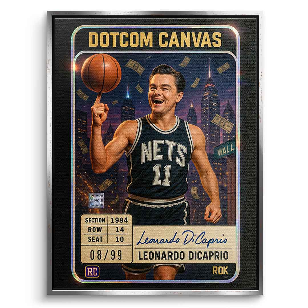 DOTCOMCANVAS Leo Dicaprio Basketball Card Leinwandbild Vorderansicht Silberner Rahmen