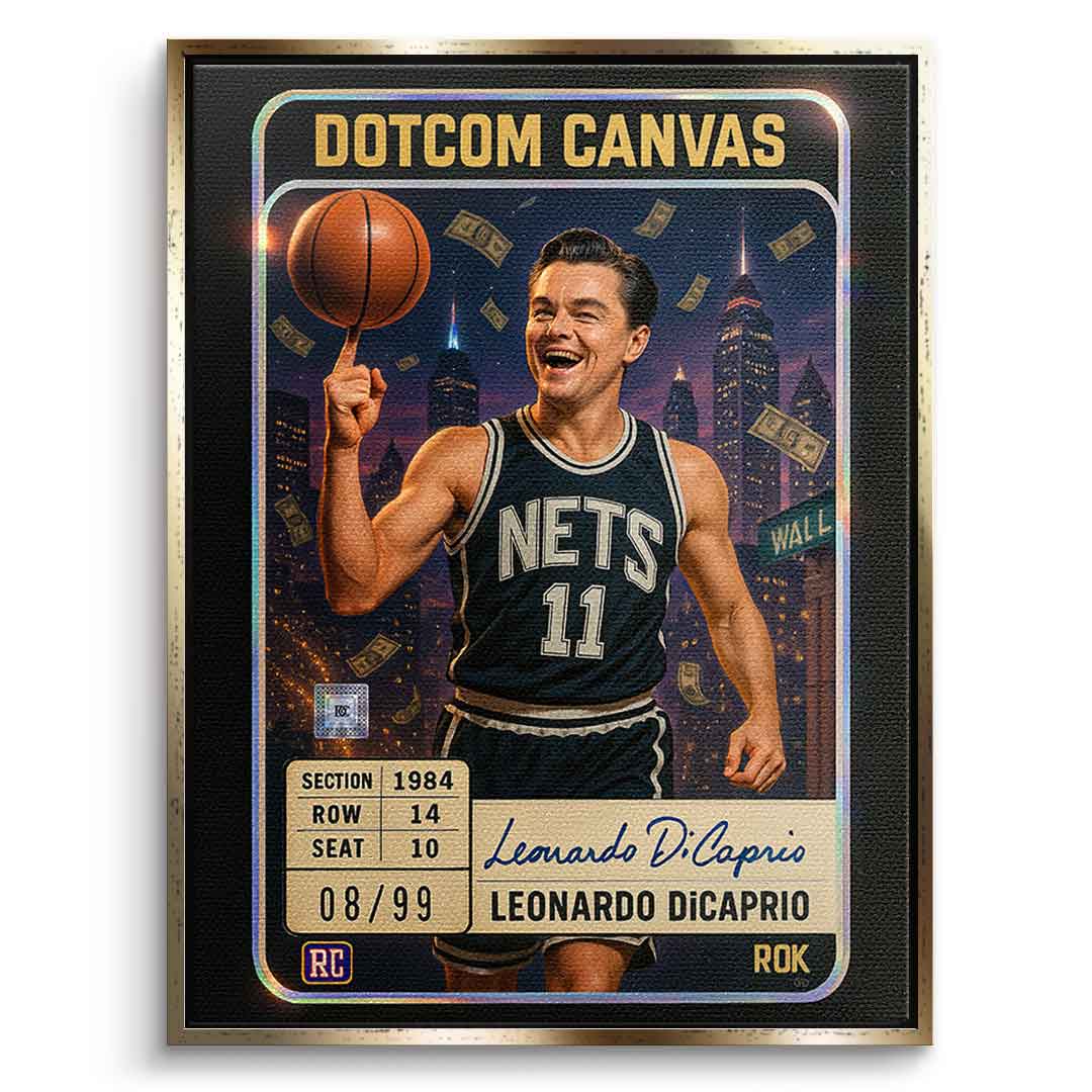 DOTCOMCANVAS Leo Dicaprio Basketball Card Leinwandbild Vorderansicht Goldener Rahmen
