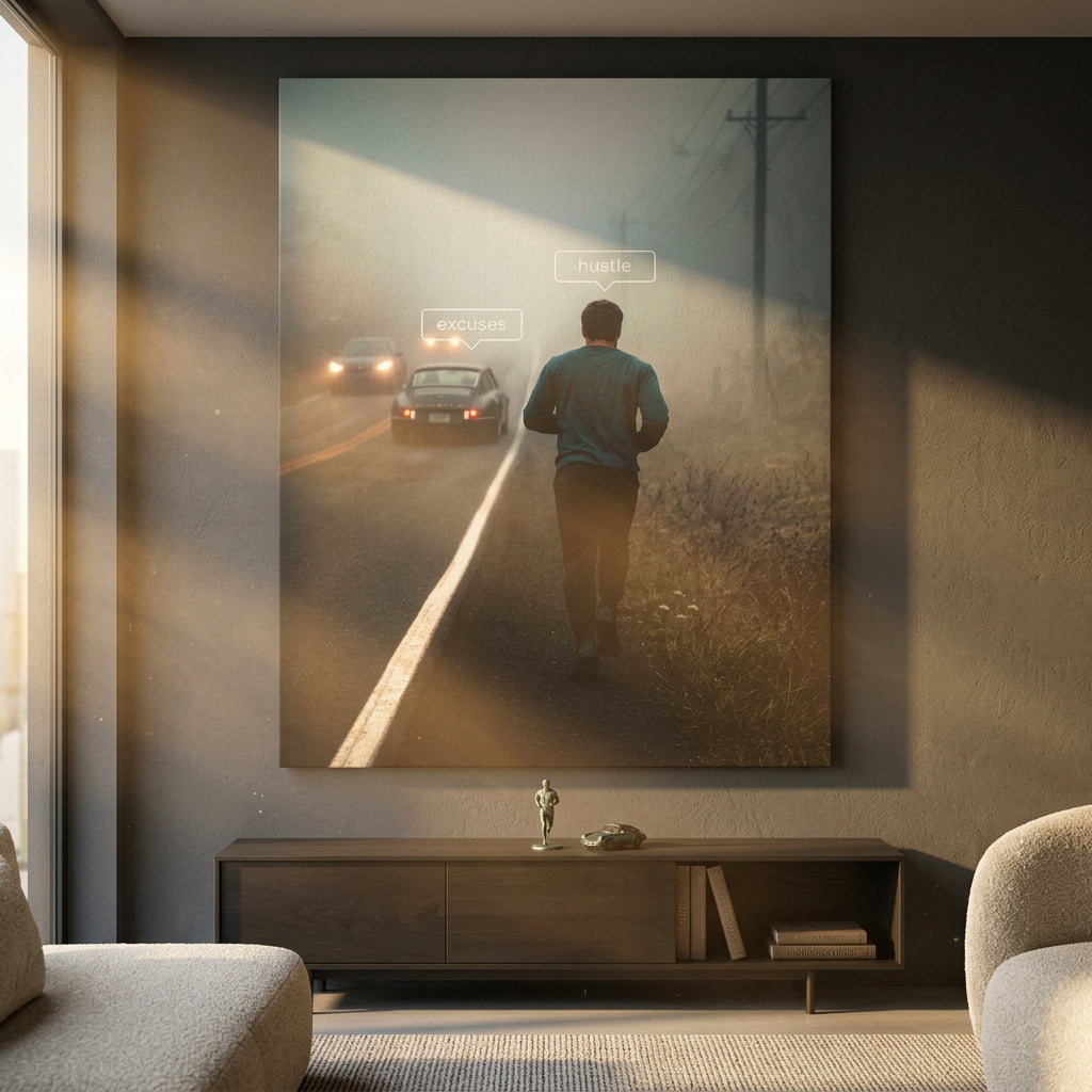 Leinwandbild Hustle & Excuses Raum Mockup – Wohnzimmer Wandbild Motivation