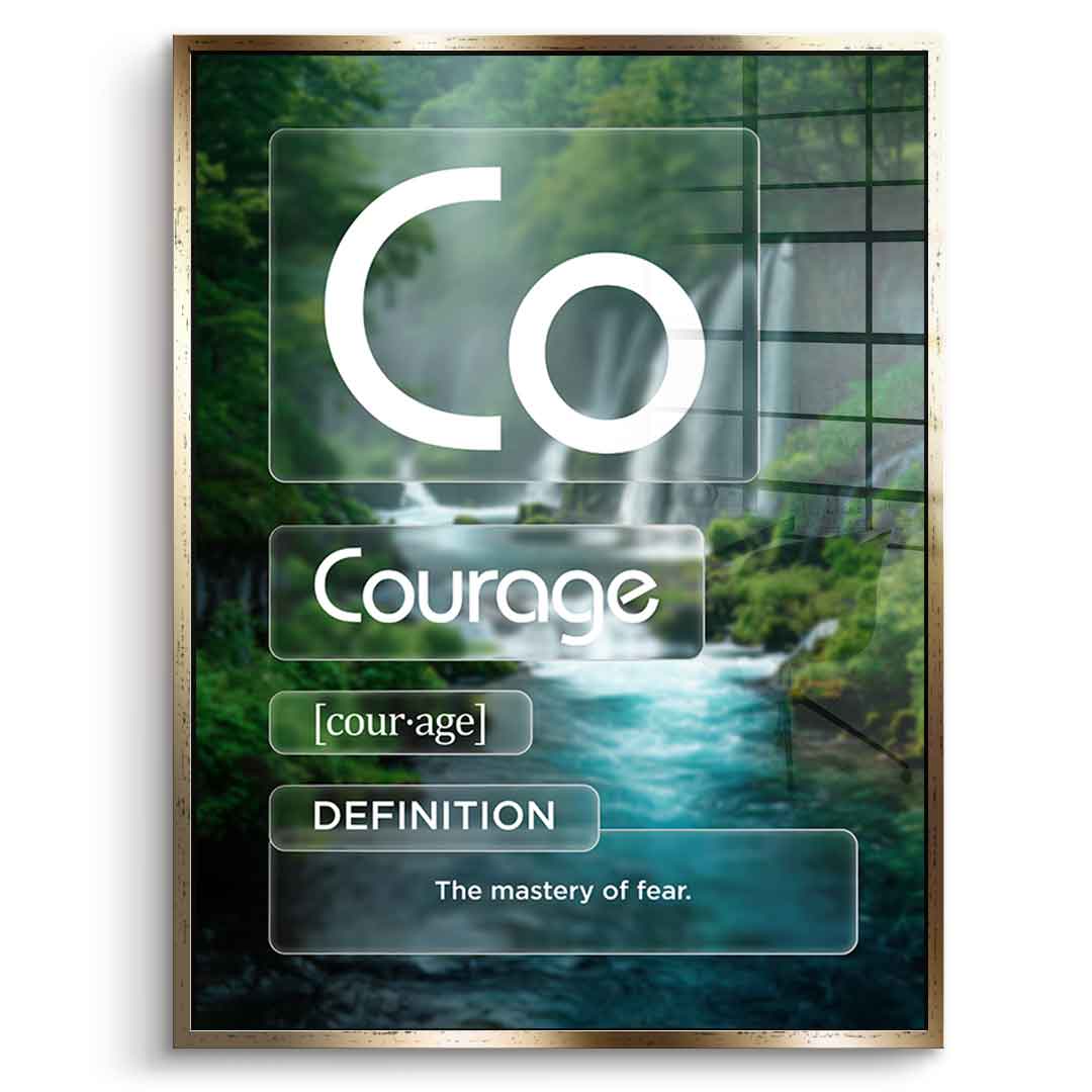 DOTCOMCANVAS® Courage (Co) Acrylglasbild Version Farbig – Vorderansicht Goldener Rahmen