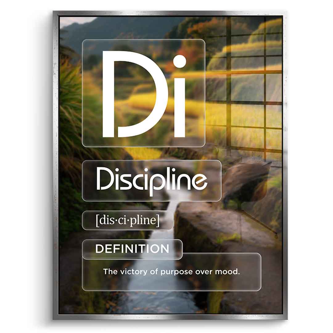 DOTCOMCANVAS® Discipline (Di) Acrylglasbild Version Farbig – Vorderansicht Weißer Rahmen