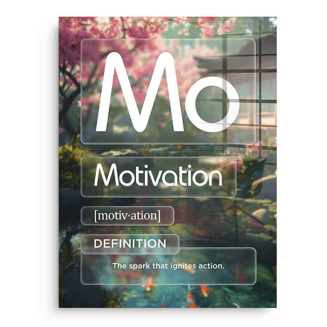 DOTCOMCANVAS® Motivation (Mo) Acrylglasbild Version Farbig – Vorderansicht Schwarzer Rahmen