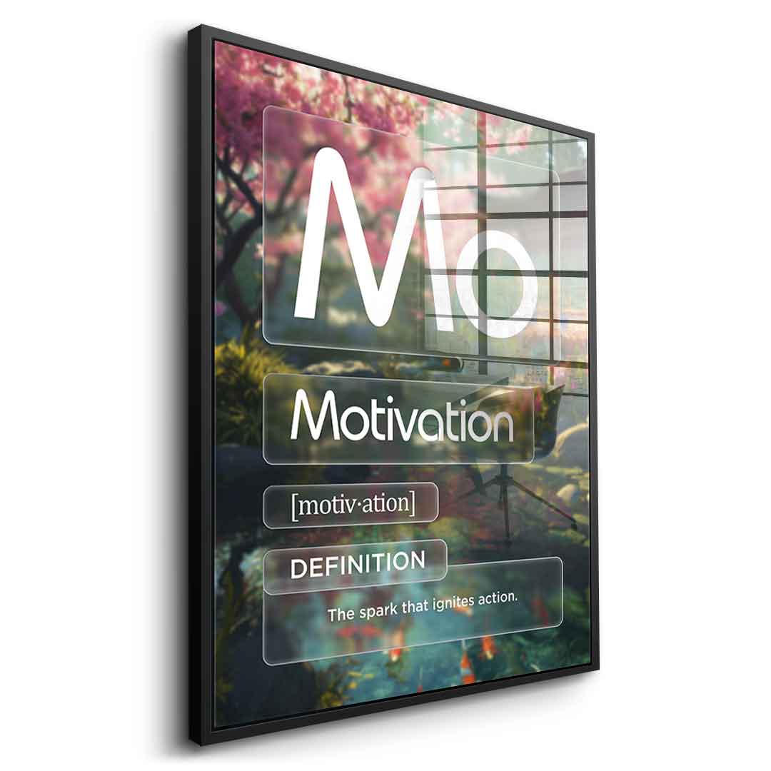 DOTCOMCANVAS® Motivation (Mo) Acrylglasbild Version Farbig – Vorderansicht Goldener Rahmen