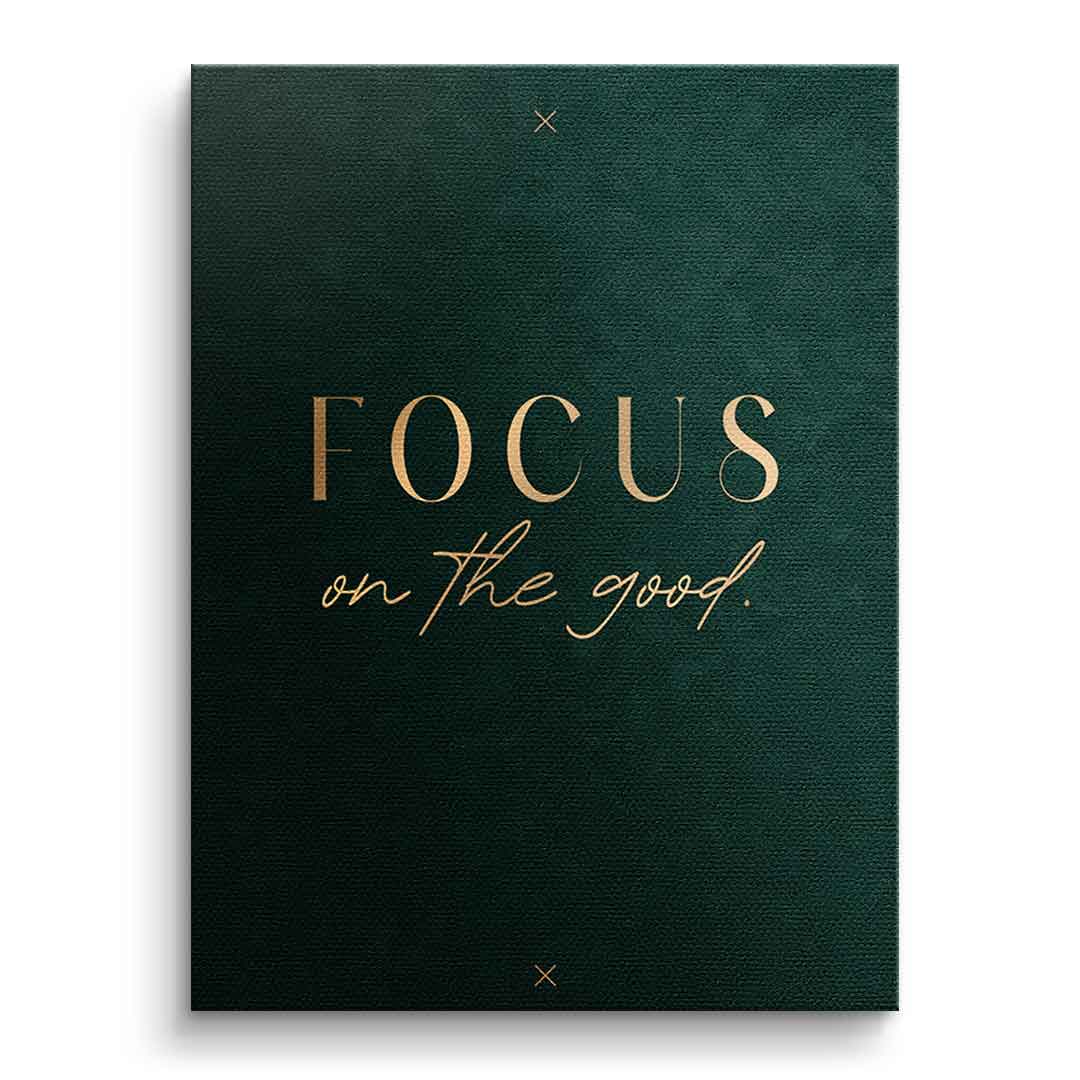 DOTCOMCANVAS FOCUS Leinwandbild – Frontansicht ohne Rahmen, goldene Typografie auf dunkelgrünem Hintergrund