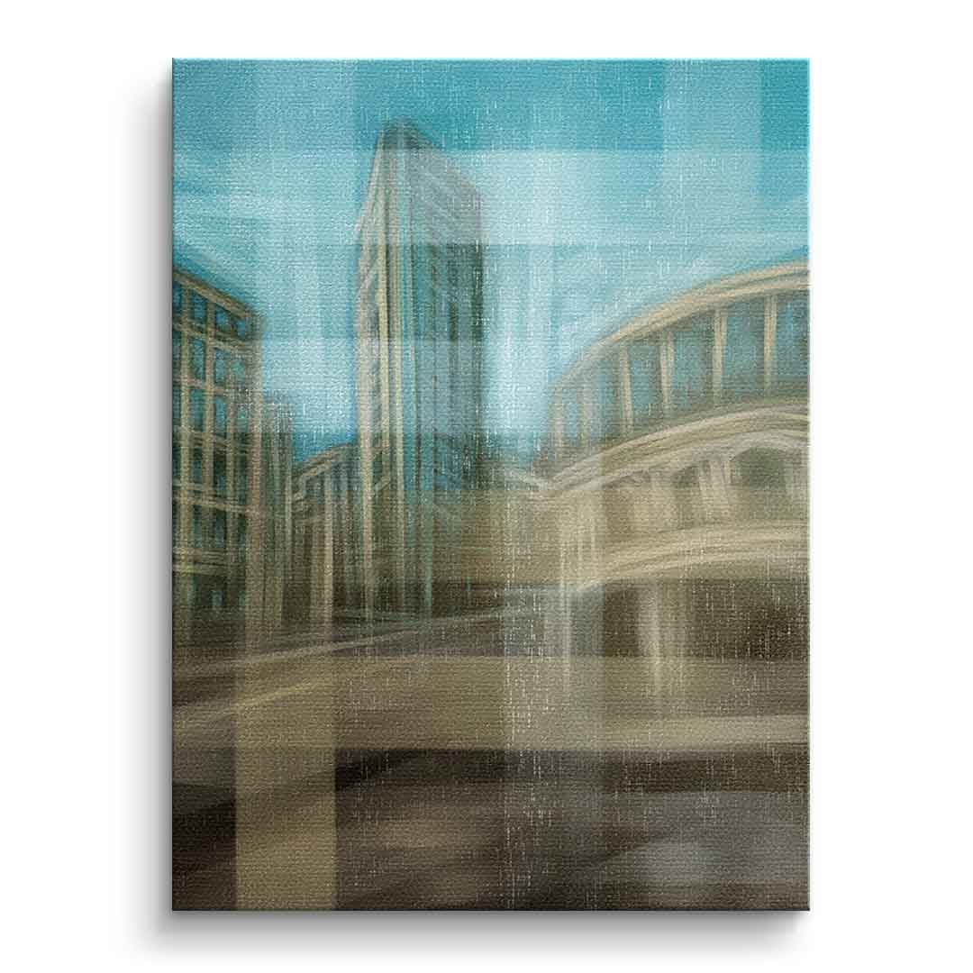 City in the Embrace of Golden Mist Leinwandbild Vorderansicht ohne Rahmen