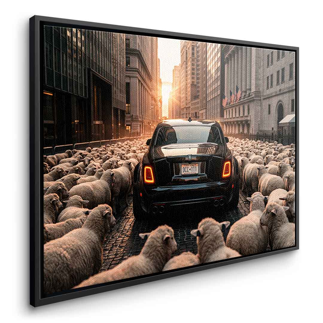 DOTCOMCANVAS Rolls Roys & Sheeps Leinwandbild Seitenansicht schwarzer Rahmen